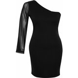 Trendyol Curve Black One-Shoulder Mesh Detailed Mini Knitted Dress Cene