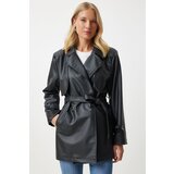  Women's Black Faux Leather Double Breasted Collar Short Trench Coat | Eponuda.ba