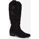 Boto Openwork Women's Knee-High Block Heeled Boots Black Fioris | Shoptok.si