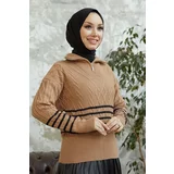 InStyle Sova Neck Zipper Striped Knitwear Sweater - Camel