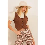 Trend Alaçatı Stili Women's Brown Heart Collar Buttoned Crop Vest