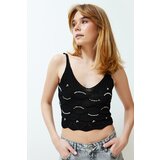 Trendyol Black Strap Openwork/Holed Crop Knitwear Blouse Cene