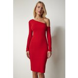 Happiness İstanbul Women's Red Open Shoulder Fitted Ribbed Dress Cene