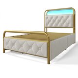 Lumor Postelja 90x200 cm z predali, LED, polnilnimi priključki, oblazinjena v žametu, z lesenimi letvicami - Bež, (22155646) | Shoptok.si