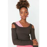 Trendyol Brown Cut Out and Color Block Detailed Corduroy Knitted Blouse Cene
