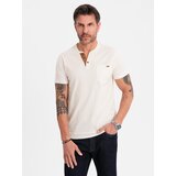 Ombre Men's t-shirt with button neckline and suede trim - white | Shoptok.si