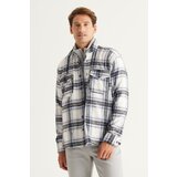 AC&Co / Altınyıldız Classics Men's Ecru Blue Oversize Wide Cut Buttoned Collar Pocket Checkered Lumberjack Winter Shirt Jacket Cene