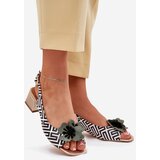 Laura Messi Leather Women's Sandals On A Block Heel With Decorative Flower 2973 White-Black | Shoptok.si