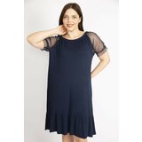 Şans women's navy blue large size sleeves tulle collar rubber detailed skirt tip layered dress cene