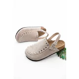 Marjin Women's Genuine Leather Eva Sole Closed Front Stapled Daily Sandals Bolve Beige
