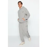 Trendyol Men's Gray Oversize Hooded Elastic Leg Embroidered Welded Fleece Tracksuit Set