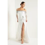 Lafaba Women's White Thin Strappy Stone Long Evening Dress