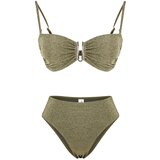 Trendyol Khaki Plain Strapless Accessory Glitter High Waist High Leg Brazilian Bikini Set | shoptok.hr