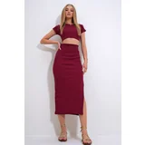 Trend Alaçatı Stili Women's Burgundy Crew Neck Crop Blouse and Slit Skirt Camisole Suit