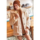 Olalook Women's Ecru Unlined Oversized Plush Jacket with Buttons and Pocket Cene