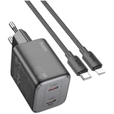 zidni punjač 2 x tip C + kabel tip C do Lightning PD QC 45W GaN N42 crni