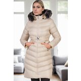 Dewberry Z6690 FUR HOODED LADIES' COAT-BEIGE-1 Cijene