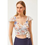 Olalook Women's Blue Floral Side Zipper Sleeve Detailed Mos Crepe Blouse Cijene