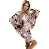 Numoco 402-8 Batwing sleeveless comfortable dress with a neckline - beige with a black and white pattern | Shoptok.si