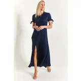 armonika Women's Navy Blue With Tie Sleeves and Belted Waist Shirt Dress