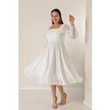 By Saygı Plus Size Chiffon Dress with a Square Neckline, Belted Waist and Lined Cene
