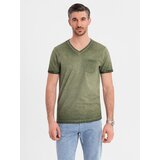 Ombre Men's cotton V-neck knit t-shirt with washed effect - olive | shoptok.hr