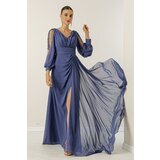 By Saygı V-Neck Long Evening Chiffon Dress with Draping and Lined Sleeves. Cene
