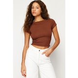 Trendyol Brown Decollete Crop Cotton Stretchy Knitted Blouse Cene