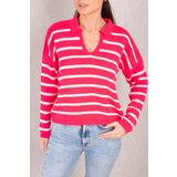 armonika Women's Light Fuchsia Striped Polo Neck Knitwear Sweater Cene
