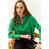 Olalook Women's Grass Green Zipper High Neck Raised Sweater | shoptok.hr