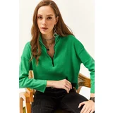 Olalook Women's Grass Green Zipper High Neck Raised Sweater