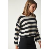 Happiness İstanbul Women's Cream Black Striped Openwork Knitwear Sweater Cene