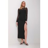 Trend Alaçatı Stili women's black crew neck tulle detailed slit midi length dress Cene
