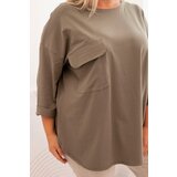 Kesi Włoski Plus Size women's blouse with cotton, featuring a pocket and rolled-up sleeves khaki | shoptok.hr