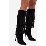 Boto Women's High Heel Boots with Fringes Black Isalune | shoptok.hr