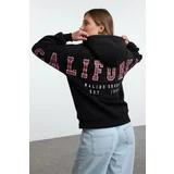 Trendyol Black Slogan Printed Oversize/Wide Fit Thick Inside Fleece Knitted Sweatshirt