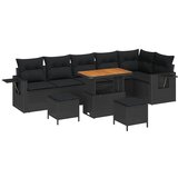 vidaXL 9-delni vrtni sofa set z blazinami Črna Poli Ratan Akacija, 3-delni vrtni jedilni set z blazinami Črna Poli Ratan Akacija Cene