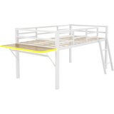 Lumor Postelja z mezzanine 90x200 cm iz kovine z LED - S zložljivo pisalno mizo in lesenimi letvicami - Bela, (22156219) | Shoptok.si
