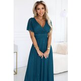 numoco basic 635-1 MELANIA long, shiny dress with a neckline and short sleeves - bottle green | Shoptok.si