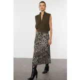 Trendyol Khaki Leopard Patterned Satin Midi Length Woven Skirt