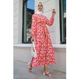 InStyle Hyacinth Print Mevlana Sleeves Belted Hijab Dress - Red cene