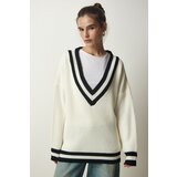 Happiness İstanbul Women's Bone V Neck Ribbon Detailed Oversize Knitwear Sweater Cene