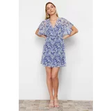 Trendyol Blue Floral Print A-line Double Breasted Collar Lined Chiffon Woven Mini Dress