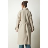  Women's Cream Double Breasted Neck Belted Oversize Cachet Coat | Shoptok.si