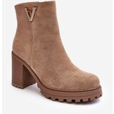 Kesi Women's suede high-heeled ankle boots with embellishments, beige thick Cene'.'