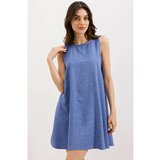 Bigdart 2444 Detailed Mini Linen Dress - Blue cene