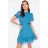 Trendyol Blue Straight Cut Skirt Flounce Mini Chiffon Lined Woven Dress Cene