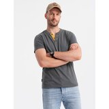 Ombre Men's t-shirt with round henley neckline - dark grey Cene