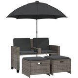 Maison Chic Vrtni kavč - Zunanji kavč dvosed s senčnikom in stolčki siv poli ratan, (22042028) | Shoptok.si