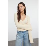 Trendyol Dark Beige Premium Textured Fabric Double Breasted Neck Regular/Normal Fit Crop Knitted Blouse Cene